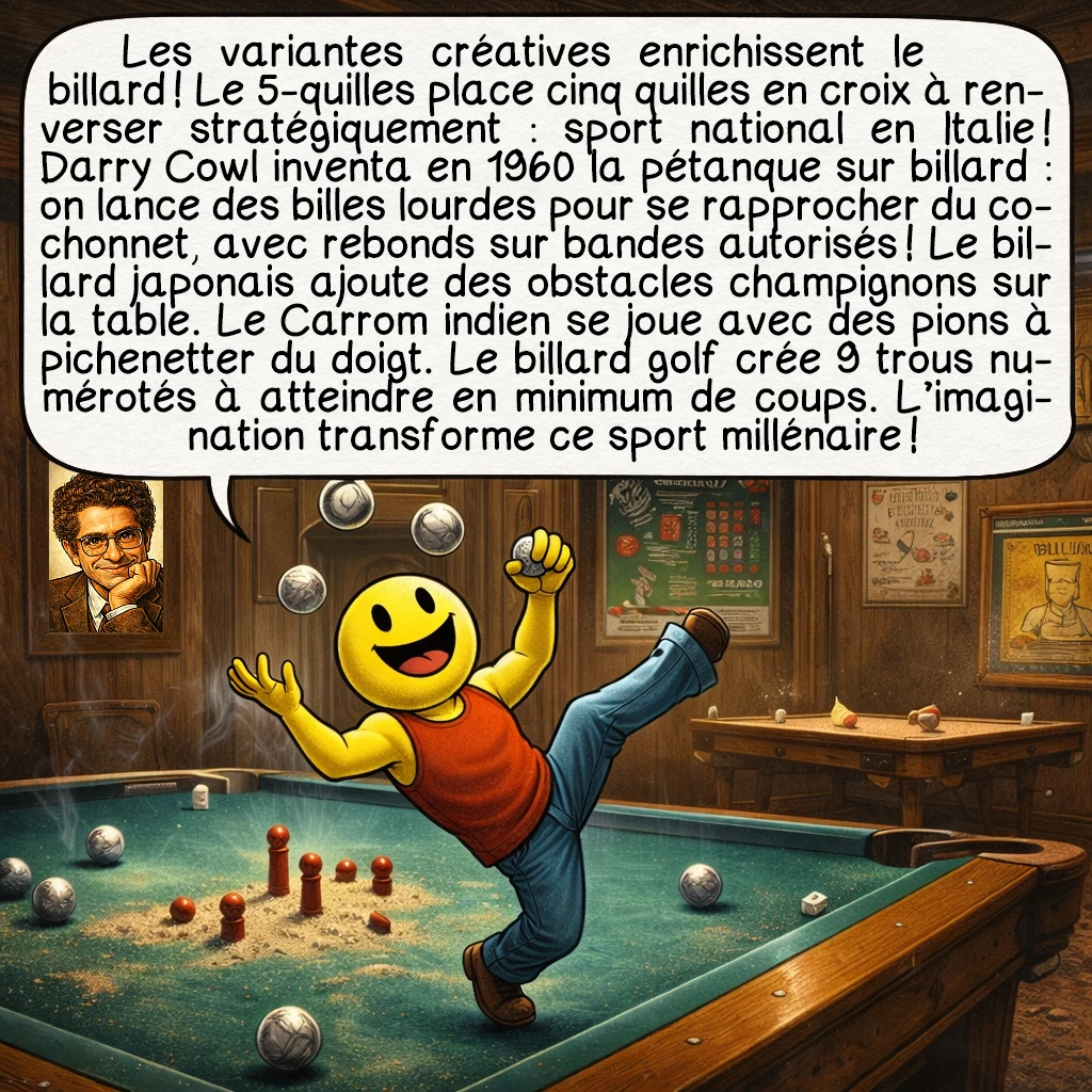 Le billard, case 9 : Les variantes créatives enrichissent le billard ! Le 5-quilles place cinq quilles en croix à renverser stratégiquement — sport national en Italie ! Darry Cowl inventa en 1960 la pétanque sur billard : on lance des billes lourdes pour se rapprocher du cochonnet, avec rebonds sur bandes autorisés ! Le billard japonais ajoute des obstacles champignons sur la table. Le billard indien Carrom se joue avec des pions à pichenetter du doigt. Le billard golf crée 9 trous numérotés à atteindre en minimum de coups. L’imagination transforme ce sport millénaire !