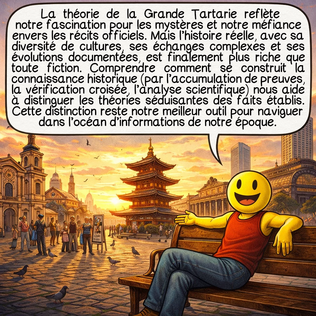 La Grande Tartarie, case 10 : La théorie de la Grande Tartarie reflète notre fascination pour les mystères et notre méfiance envers les récits officiels. Mais l’histoire réelle, avec sa diversité de cultures, ses échanges complexes et ses évolutions documentées, est finalement plus riche que toute fiction conspirationniste. Comprendre comment se construit la connaissance historique — par l’accumulation de preuves, la vérification croisée, l’analyse scientifique — nous aide à distinguer les théories séduisantes des faits établis. Cette distinction reste notre meilleur outil pour naviguer dans l’océan d’informations de notre époque.