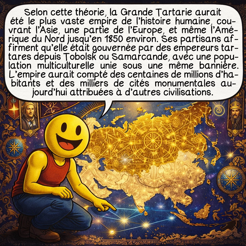 La Grande Tartarie, case 2 : Selon cette théorie, la Grande Tartarie aurait été le plus vaste empire de l’histoire humaine, couvrant l’Asie, une partie de l’Europe, et même l’Amérique du Nord jusqu’en 1850 environ. Ses partisans affirment qu’elle était gouvernée par des empereurs tartares depuis Tobolsk ou Samarcande, avec une population multiculturelle unie sous une même bannière. L’empire aurait compté des centaines de millions d’habitants et des milliers de cités monumentales aujourd’hui attribuées à d’autres civilisations.