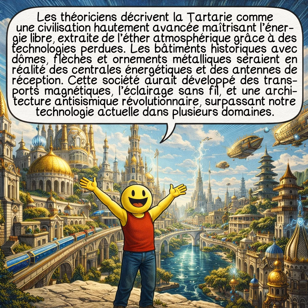 La Grande Tartarie, case 3 : Les théoriciens décrivent la Tartarie comme une civilisation hautement avancée maîtrisant l’énergie libre, extraite de l’éther atmosphérique grâce à des technologies perdues. Les bâtiments historiques avec dômes, flèches et ornements métalliques seraient en réalité des centrales énergétiques et des antennes de réception. Cette société aurait développé des transports magnétiques, l’éclairage sans fil, et une architecture antisismique révolutionnaire, surpassant notre technologie actuelle dans plusieurs domaines.