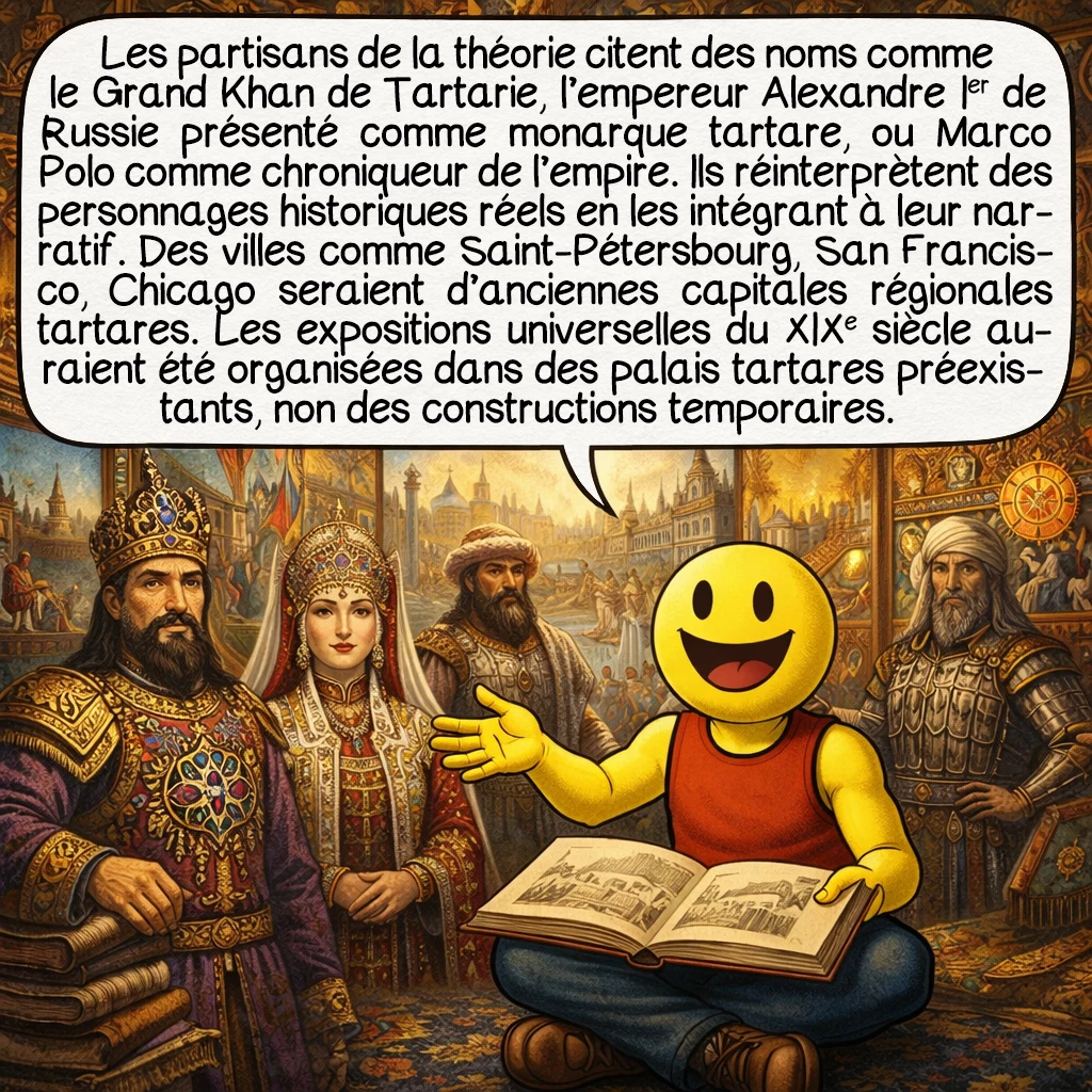 La Grande Tartarie, case 4 : Les partisans de la théorie citent des noms comme le Grand Khan de Tartarie, l’empereur Alexandre Ier de Russie présenté comme monarque tartare, ou Marco Polo comme chroniqueur de l’empire. Ils réinterprètent des personnages historiques réels en les intégrant à leur narrative. Des villes comme Saint-Pétersbourg, San Francisco, Chicago seraient d’anciennes capitales régionales tartares. Les expositions universelles du XIXe siècle auraient été organisées dans des palais tartares préexistants, non des constructions temporaires.