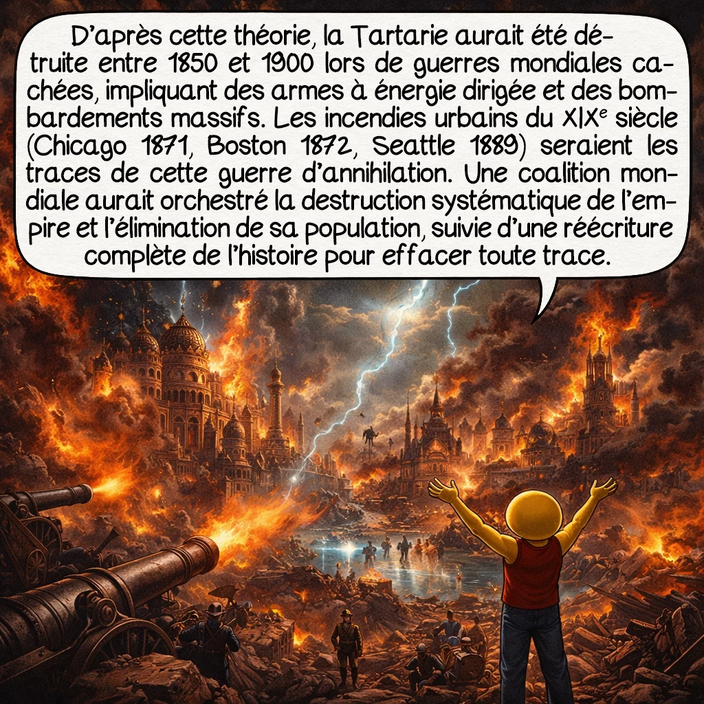 La Grande Tartarie, case 5 : D’après cette théorie, la Tartarie aurait été détruite entre 1850 et 1900 lors de guerres mondiales cachées, impliquant des armes à énergie dirigée et des bombardements massifs. Les incendies urbains du XIXe siècle — Chicago 1871, Boston 1872, Seattle 1889 — seraient les traces de cette guerre d’annihilation. Une coalition mondiale aurait orchestré la destruction systématique de l’empire et l’élimination de sa population, suivie d’une réécriture complète de l’histoire pour effacer toute trace.