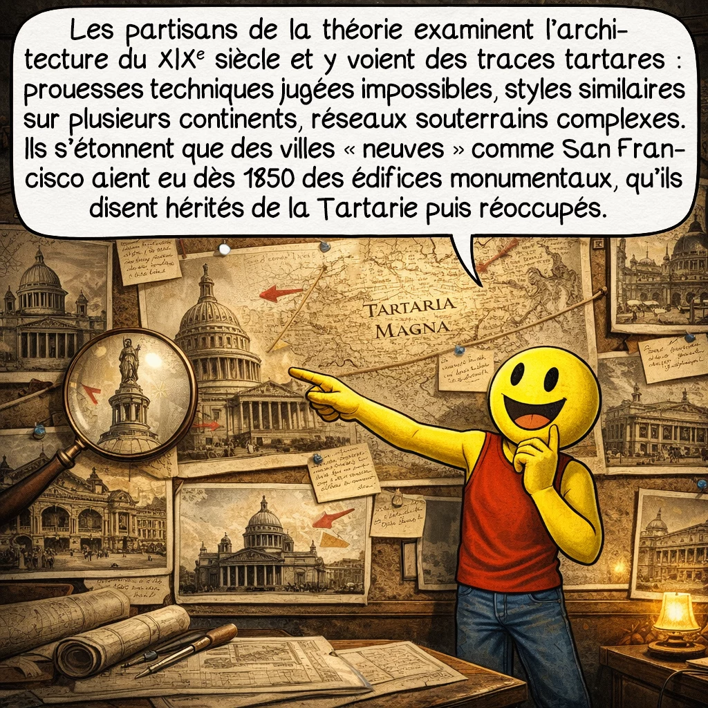 La Grande Tartarie, case 6 : Les défenseurs de la théorie analysent minutieusement l’architecture mondiale du XIXe siècle, y détectant des preuves de l’héritage tartare : perfection technique impossible pour l’époque, similitudes stylistiques transcontinentales, présence d’infrastructures souterraines élaborées. Ils questionnent comment des villes « neuves » comme San Francisco possédaient des bâtiments monumentaux dès 1850, suggérant qu’ils étaient déjà là, hérités de la Tartarie et simplement réoccupés après la conquête.