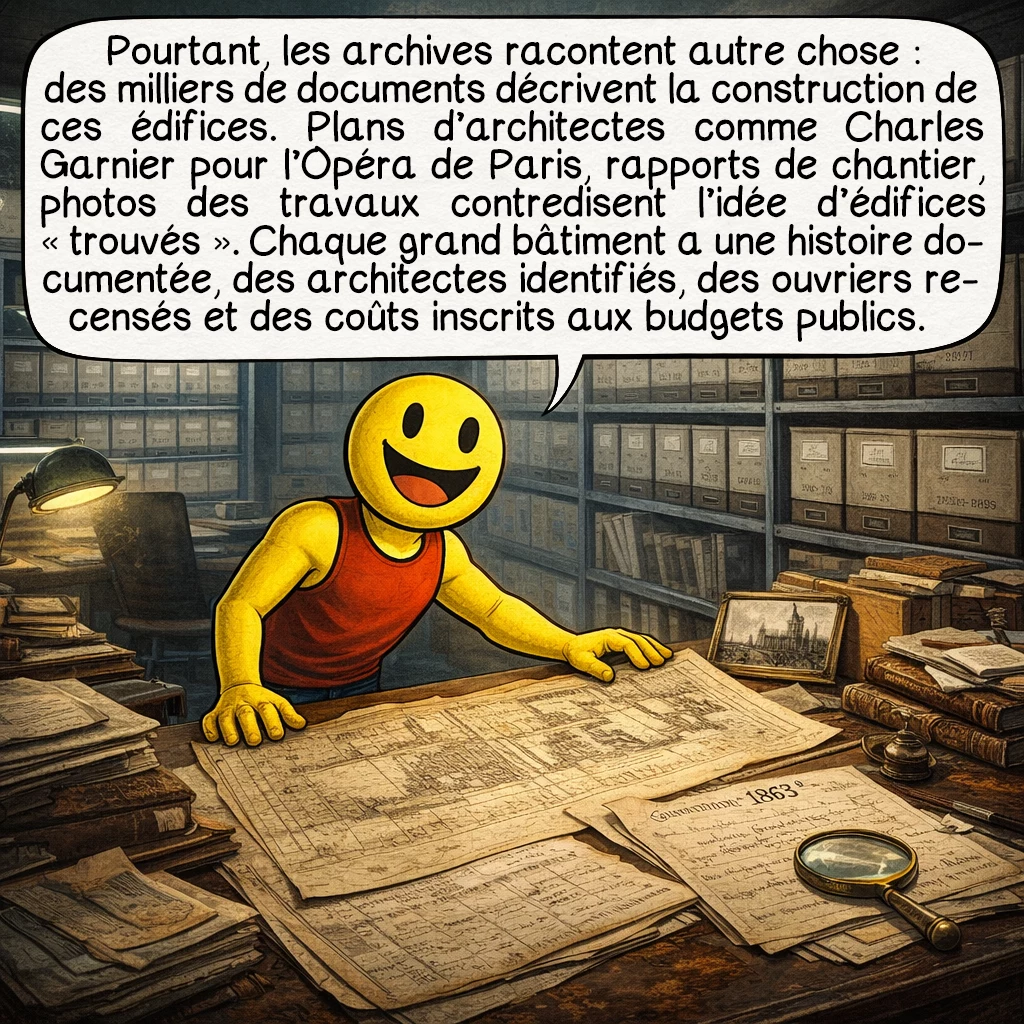 La Grande Tartarie, case 7 : Pourtant, les archives historiques offrent une réalité différente : des milliers de documents détaillent la construction de ces édifices. Les plans originaux d’architectes comme Charles Garnier pour l’Opéra de Paris, les comptes-rendus de chantiers, les photographies montrant les bâtiments en construction contredisent l’idée d’édifices « trouvés ». Chaque grand bâtiment a son histoire documentée, ses architectes connus, ses ouvriers recensés, ses coûts comptabilisés dans les budgets municipaux et nationaux.