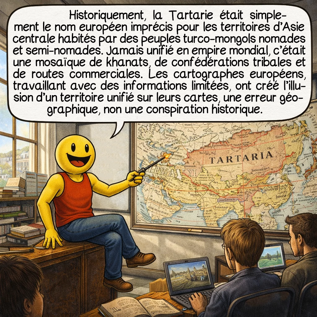 La Grande Tartarie, case 8 : Historiquement, la Tartarie était simplement le nom européen imprécis pour les territoires d’Asie centrale habités par des peuples turco-mongols nomades et semi-nomades. Jamais unifié en empire mondial, c’était une mosaïque de khanats, de confédérations tribales et de routes commerciales. Les cartographes européens, travaillant avec des informations limitées, ont créé l’illusion d’un territoire unifié sur leurs cartes, une erreur géographique, non une conspiration historique.