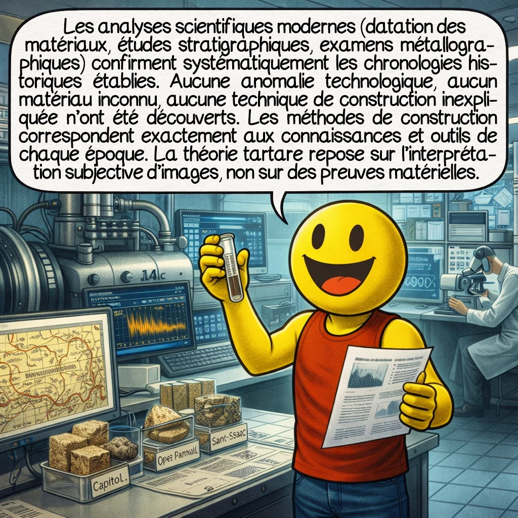 La Grande Tartarie, case 9 : Les analyses scientifiques modernes — datation des matériaux, études stratigraphiques, examens métallographiques — confirment systématiquement les chronologies historiques établies. Aucune anomalie technologique, aucun matériau inconnu, aucune technique de construction inexpliquée n’ont été découverts. Les méthodes de construction correspondent exactement aux connaissances et outils de chaque époque. La théorie tartare repose sur l’interprétation subjective d’images, non sur des preuves matérielles vérifiables.