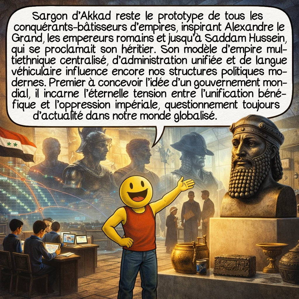 Sargon d’Akkad, case 10 : Sargon d’Akkad reste le prototype de tous les conquérants-bâtisseurs d’empires, inspirant Alexandre le Grand, les empereurs romains et jusqu’à Saddam Hussein, qui se proclamait son héritier. Son modèle d’empire multiethnique centralisé, d’administration unifiée et de langue véhiculaire influence encore nos structures politiques modernes. Premier à concevoir l’idée d’un gouvernement mondial, il incarne l’éternelle tension entre l’unification bénéfique et l’oppression impériale, questionnement toujours d’actualité dans notre monde globalisé.