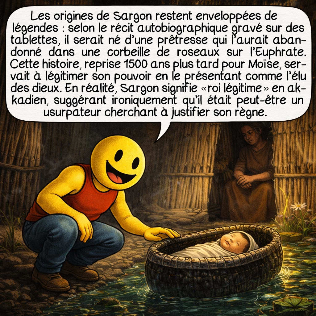 Sargon d’Akkad, case 2 : Les origines de Sargon restent enveloppées de légendes : selon le récit autobiographique gravé sur des tablettes, il serait né d’une prêtresse qui l’aurait abandonné dans une corbeille de roseaux sur l’Euphrate. Cette histoire, reprise 1500 ans plus tard pour Moïse, servait à légitimer son pouvoir en le présentant comme l’élu des dieux. En réalité, Sargon signifie « roi légitime » en akkadien, suggérant ironiquement qu’il était peut-être un usurpateur cherchant à justifier son règne.