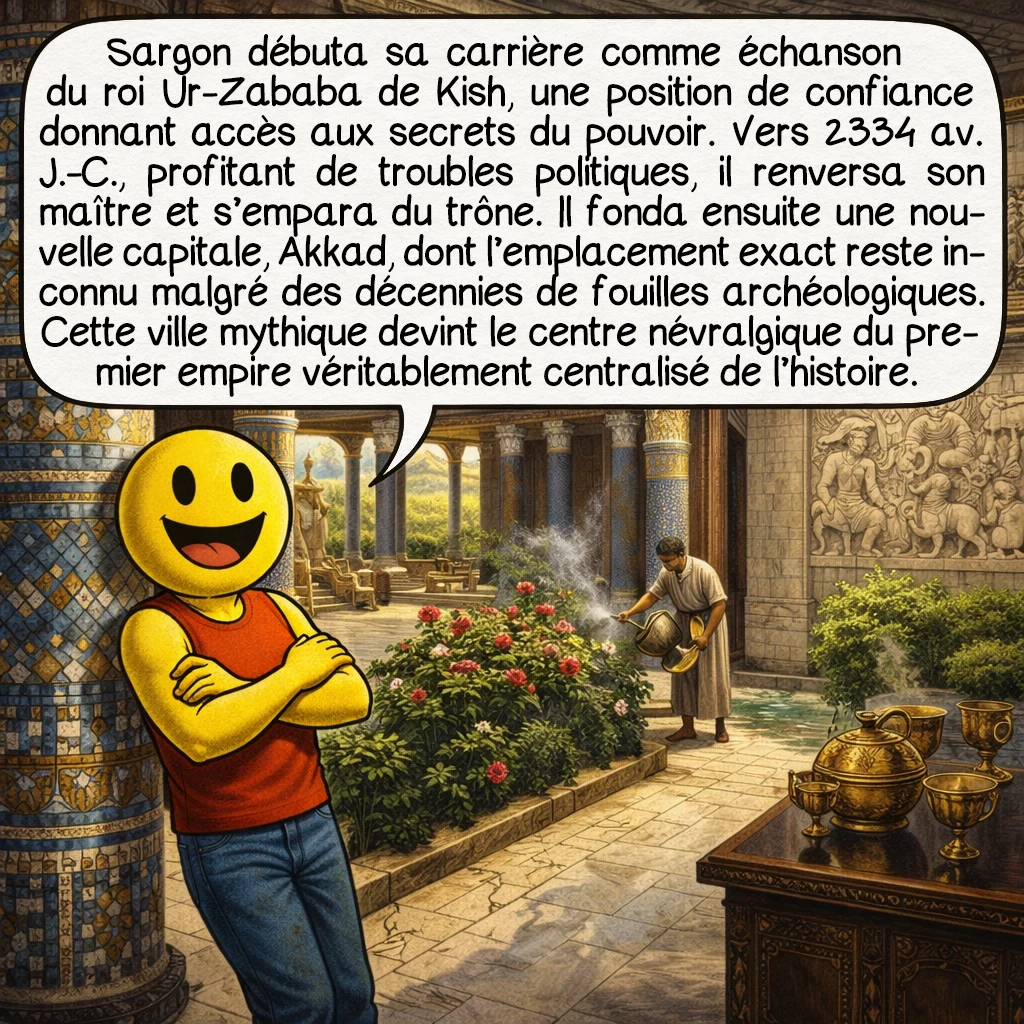 Sargon d’Akkad, case 3 : Sargon débuta sa carrière comme échanson du roi Ur-Zababa de Kish, une position de confiance donnant accès aux secrets du pouvoir. Vers 2334 av. J.-C., profitant de troubles politiques, il renversa son maître et s’empara du trône. Il fonda ensuite une nouvelle capitale, Akkad, dont l’emplacement exact reste inconnu malgré des décennies de fouilles archéologiques. Cette ville mythique devint le centre névralgique du premier empire véritablement centralisé de l’histoire.
