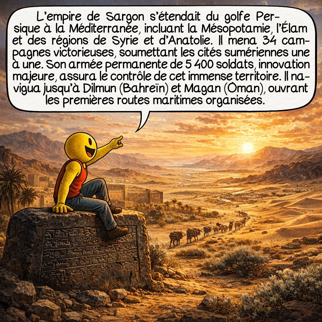 Sargon d’Akkad, case 4 : L’empire de Sargon s’étendait du golfe Persique à la Méditerranée, englobant la Mésopotamie, l’Élam et des parties de la Syrie et de l’Anatolie. Il mena 34 campagnes militaires victorieuses, soumettant les cités-États sumériennes une par une. Son armée professionnelle permanente, innovation majeure comptant 5 400 soldats, lui permit de maintenir un contrôle sur ce territoire immense. Il navigua jusqu’à Dilmun (Bahreïn) et Magan (Oman), établissant les premières routes commerciales maritimes organisées.