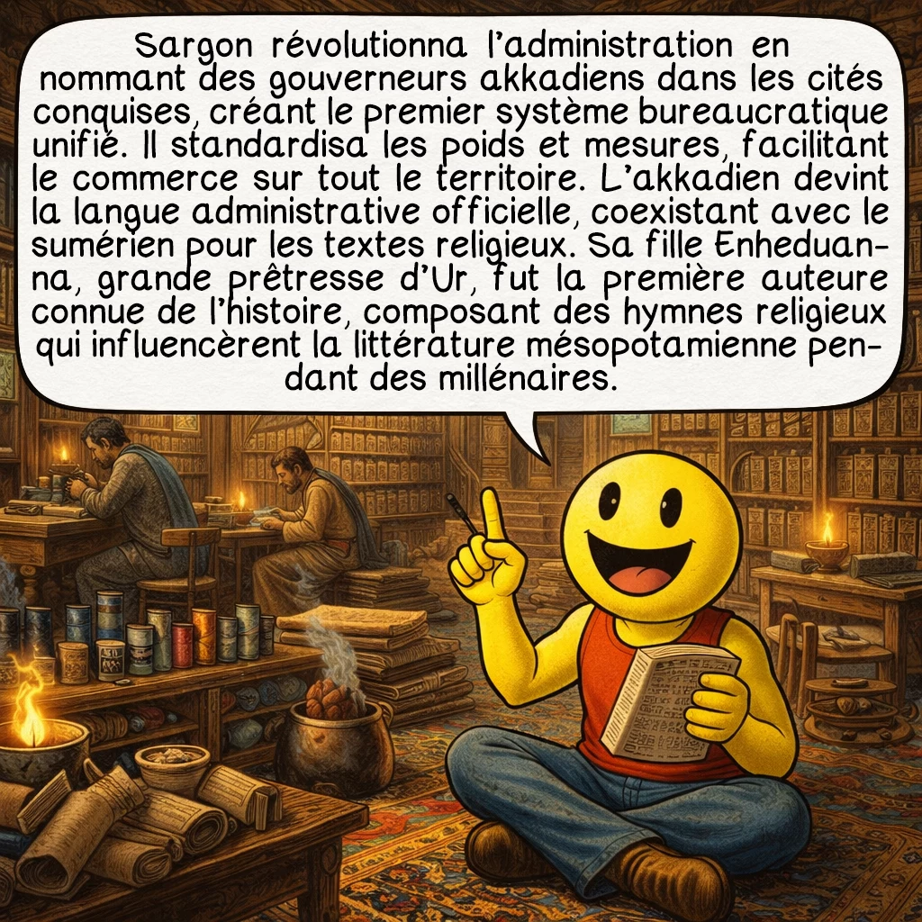 Sargon d’Akkad, case 5 : Sargon révolutionna l’administration en nommant des gouverneurs akkadiens dans les cités conquises, créant le premier système bureaucratique unifié. Il standardisa les poids et mesures, facilitant le commerce sur tout le territoire. L’akkadien devint la langue administrative officielle, coexistant avec le sumérien pour les textes religieux. Sa fille Enheduanna, grande prêtresse d’Ur, fut la première auteure connue de l’histoire, composant des hymnes religieux qui influencèrent la littérature mésopotamienne pendant des millénaires.