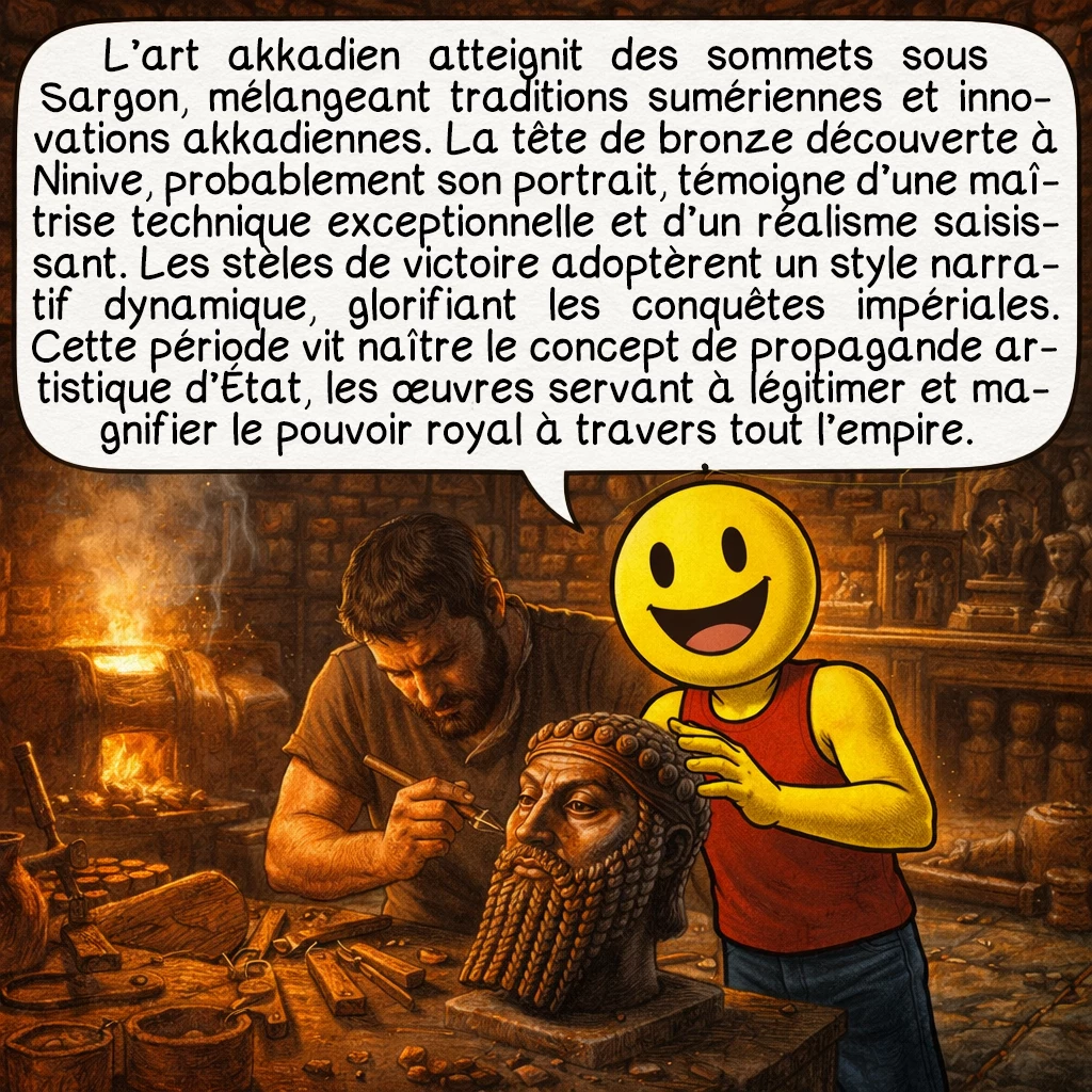 Sargon d’Akkad, case 6 : L’art akkadien atteignit des sommets sous Sargon, mélangeant traditions sumériennes et innovations akkadiennes. La tête de bronze découverte à Ninive, probablement son portrait, témoigne d’une maîtrise technique exceptionnelle et d’un réalisme saisissant. Les stèles de victoire adoptèrent un style narratif dynamique, glorifiant les conquêtes impériales. Cette période vit naître le concept de propagande artistique d’État, les œuvres servant à légitimer et magnifier le pouvoir royal à travers tout l’empire.