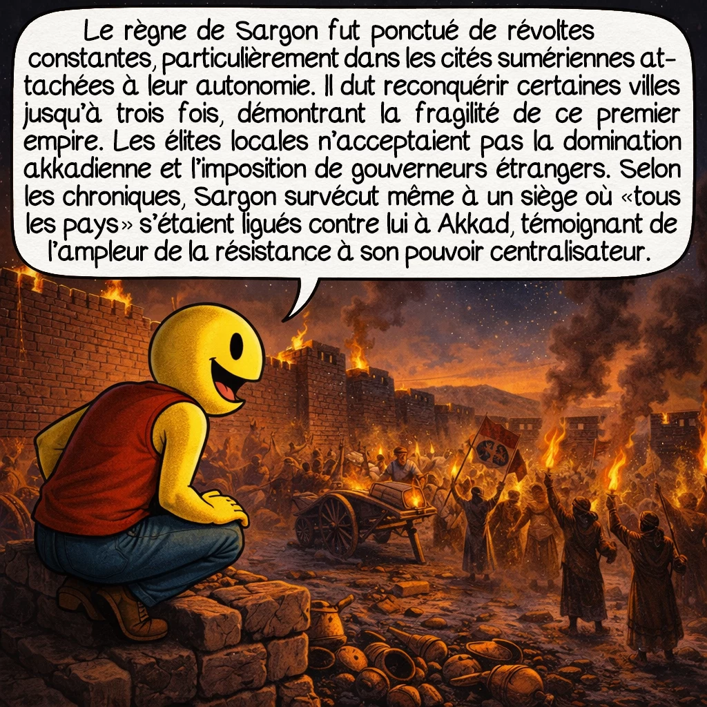 Sargon d’Akkad, case 7 : Le règne de Sargon fut ponctué de révoltes constantes, particulièrement dans les cités sumériennes attachées à leur autonomie. Il dut reconquérir certaines villes jusqu’à trois fois, démontrant la fragilité de ce premier empire. Les élites locales n’acceptaient pas la domination akkadienne et l’imposition de gouverneurs étrangers. Selon les chroniques, Sargon survécut même à un siège où « tous les pays » s’étaient ligués contre lui à Akkad, témoignant de l’ampleur de la résistance à son pouvoir centralisateur.