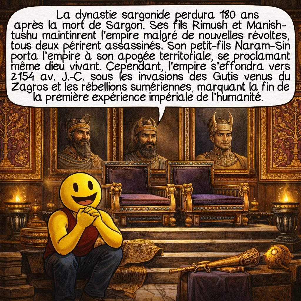 Sargon d’Akkad, case 8 : La dynastie sargonide perdura 180 ans après la mort de Sargon. Ses fils Rimush et Manishtushu maintinrent l’empire malgré de nouvelles révoltes, tous deux périssent assassinés. Son petit-fils Naram-Sin porta l’empire à son apogée territoriale, se proclamant même dieu vivant. Cependant, l’empire s’effondra vers 2154 av. J.-C. sous les invasions des Gutis venus du Zagros et les rébellions sumériennes, marquant la fin de la première expérience impériale de l’humanité.