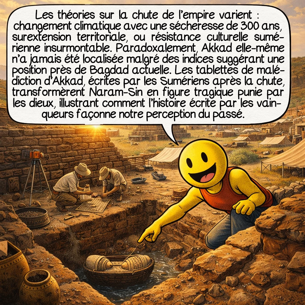 Sargon d’Akkad, case 9 : Les théories sur la chute de l’empire varient : changement climatique avec une sécheresse de 300 ans, surextension territoriale, ou résistance culturelle sumérienne insurmontable. Paradoxalement, Akkad elle-même n’a jamais été localisée malgré des indices suggérant une position près de Bagdad actuelle. Les tablettes de malédiction d’Akkad, écrites par les Sumériens après la chute, transformèrent Naram-Sin en figure tragique punie par les dieux, illustrant comment l’histoire écrite par les vainqueurs façonne notre perception du passé.