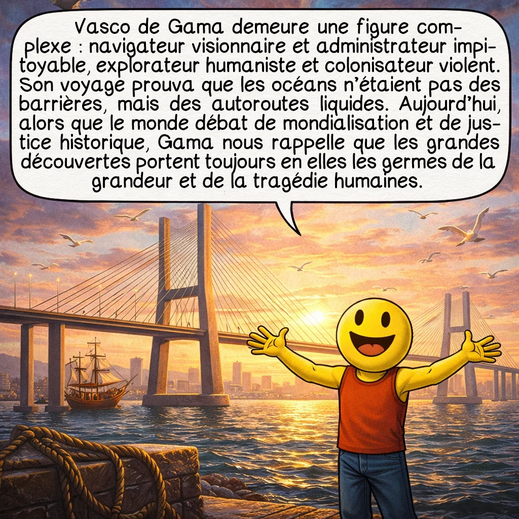 Vasco de Gama, case 10 : Vasco de Gama demeure une figure complexe : navigateur visionnaire et administrateur impitoyable, explorateur humaniste et colonisateur violent. Son voyage prouva que les océans n’étaient pas des barrières, mais des autoroutes liquides. Aujourd’hui, alors que le monde débat de mondialisation et de justice historique, Gama nous rappelle que les grandes découvertes portent toujours en elles les germes de la grandeur et de la tragédie humaines.