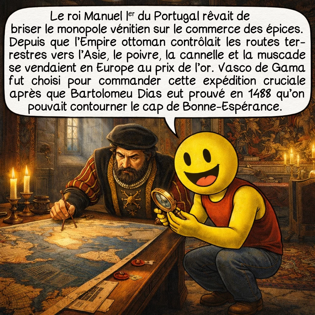 Vasco de Gama, case 2 : Le roi Manuel Ier du Portugal rêvait de briser le monopole vénitien sur le commerce des épices. Depuis que l’Empire ottoman contrôlait les routes terrestres vers l’Asie, le poivre, la cannelle et la muscade se vendaient en Europe au prix de l’or. Vasco de Gama fut choisi pour commander cette expédition cruciale après que Bartolomeu Dias eut prouvé en 1488 qu’on pouvait contourner le cap de Bonne-Espérance.