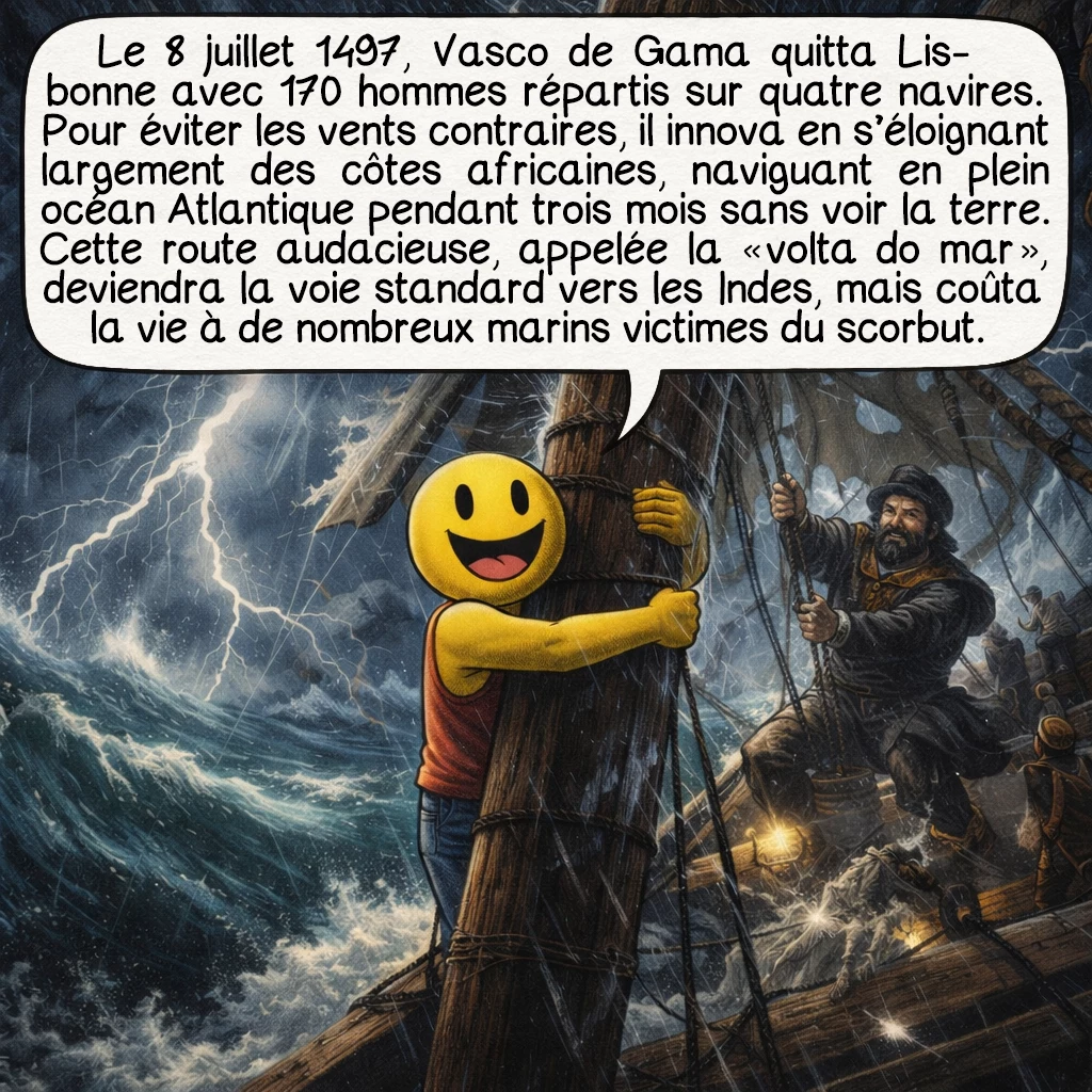 Vasco de Gama, case 3 : Le 8 juillet 1497, Vasco de Gama quitta Lisbonne avec 170 hommes répartis sur quatre navires. Pour éviter les vents contraires, il innova en s’éloignant largement des côtes africaines, naviguant en plein océan Atlantique pendant trois mois sans voir la terre. Cette route audacieuse, appelée la « volta do mar », deviendra la voie standard vers les Indes, mais coûta la vie à de nombreux marins victimes du scorbut.