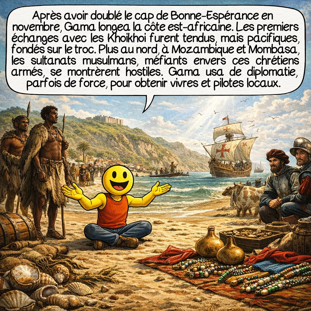 Vasco de Gama, case 4 : Après avoir doublé le cap de Bonne-Espérance en novembre, Gama remonta la côte est-africaine. Les premiers contacts avec les populations Khoikhoi furent tendus, mais pacifiques, basés sur le troc. Cependant, plus au nord, à Mozambique et Mombasa, les sultanats musulmans, méfiants envers ces chrétiens armés, leur furent hostiles. Gama dut user de diplomatie et parfois de force pour obtenir des vivres et des pilotes locaux.