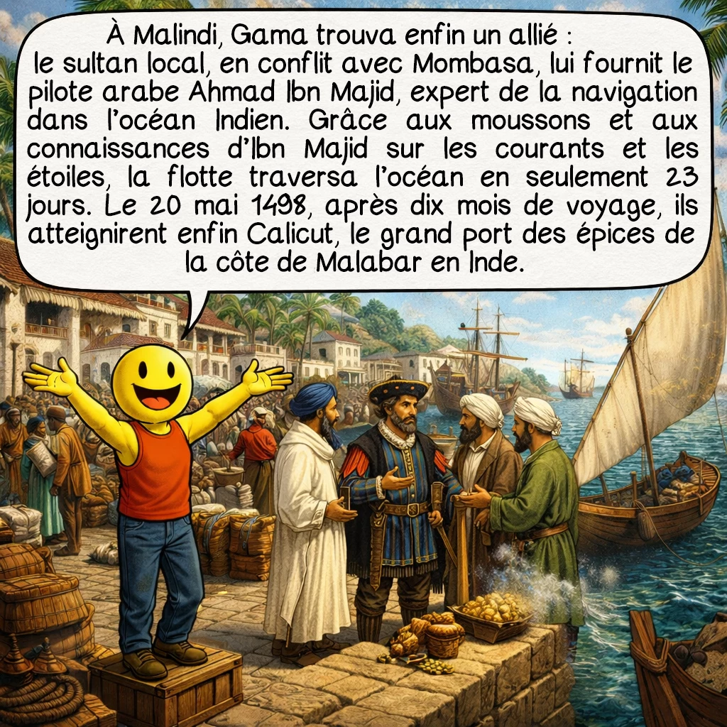 Vasco de Gama, case 5 : À Malindi, Gama trouva enfin un allié : le sultan local, en conflit avec Mombasa, lui fournit le pilote arabe Ahmad Ibn Majid, expert de la navigation dans l’océan Indien. Grâce aux moussons et aux connaissances d’Ibn Majid sur les courants et les étoiles, la flotte traversa l’océan en seulement 23 jours. Le 20 mai 1498, après dix mois de voyage, ils atteignirent enfin Calicut, le grand port des épices de la côte de Malabar en Inde.