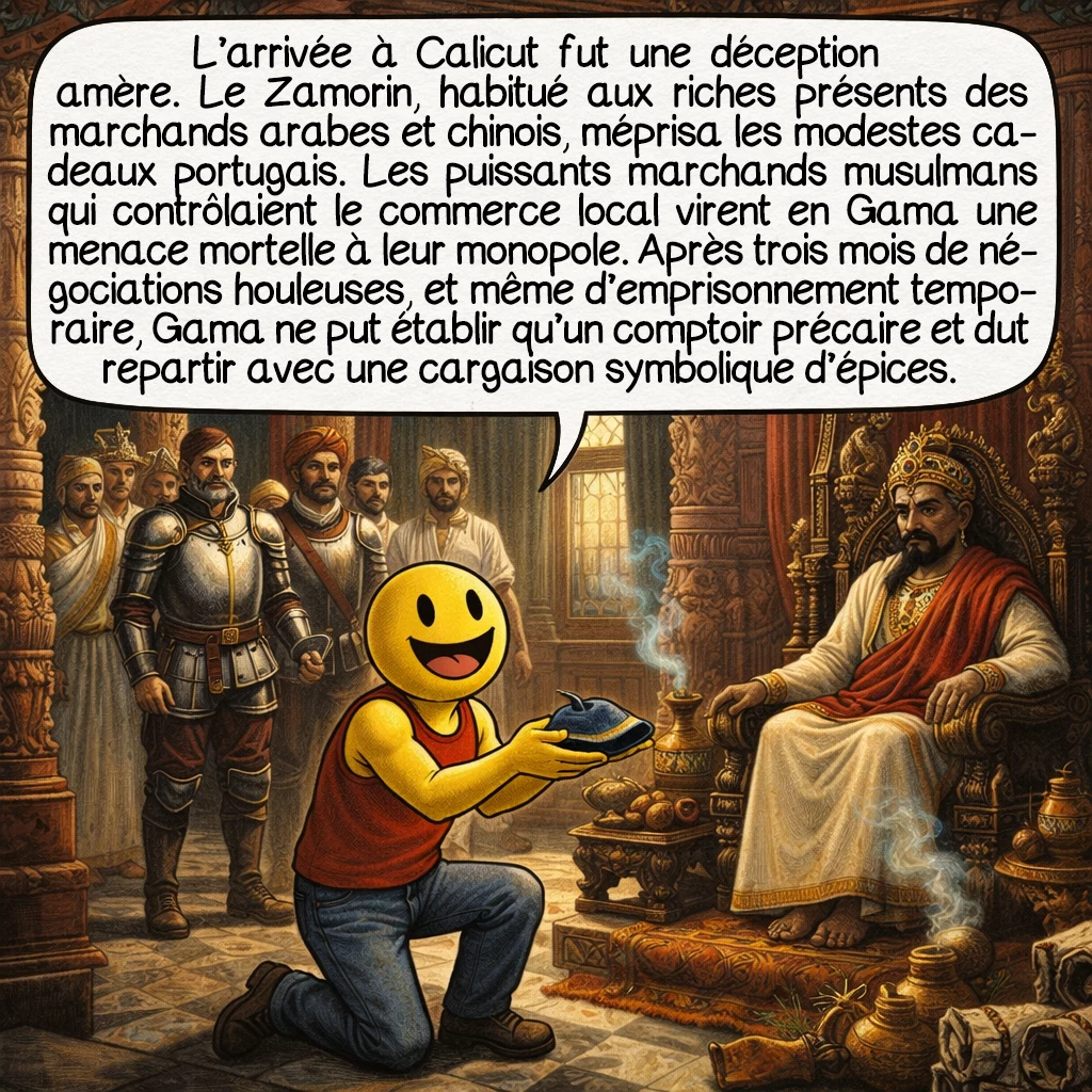 Vasco de Gama, case 6 : L’arrivée à Calicut fut une déception amère. Le Zamorin, habitué aux riches présents des marchands arabes et chinois, méprisa les modestes cadeaux portugais. Les puissants marchands musulmans qui contrôlaient le commerce local virent en Gama une menace mortelle à leur monopole. Après trois mois de négociations houleuses, et même d’emprisonnement temporaire, Gama ne put établir qu’un comptoir précaire et dut repartir avec une cargaison symbolique d’épices.
