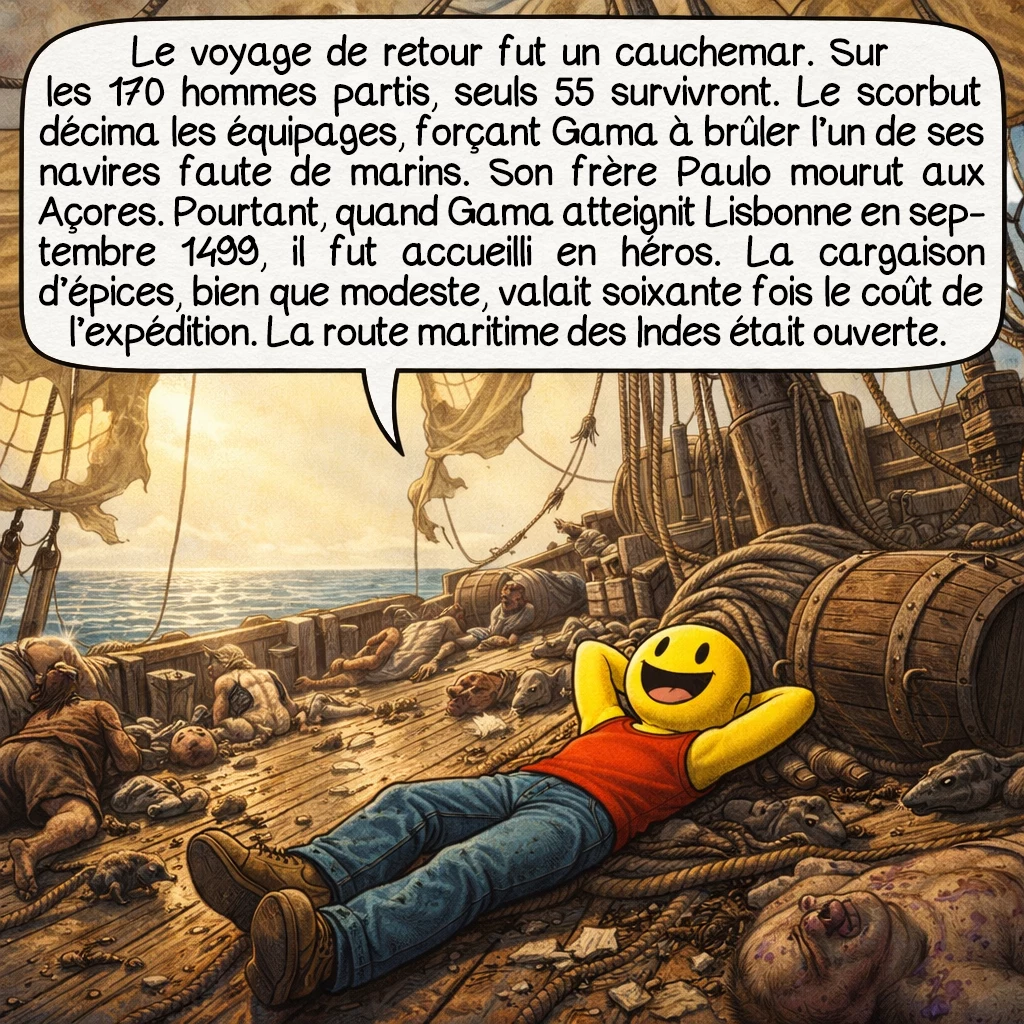 Vasco de Gama, case 7 : Le voyage de retour fut un cauchemar. Sur les 170 hommes partis, seuls 55 survivront. Le scorbut décima les équipages, forçant Gama à brûler l’un de ses navires faute de marins. Son frère Paulo mourut aux Açores. Pourtant, quand Gama atteignit Lisbonne en septembre 1499, il fut accueilli en héros. La cargaison d’épices, bien que modeste, valait soixante fois le coût de l’expédition. La route maritime des Indes était ouverte.