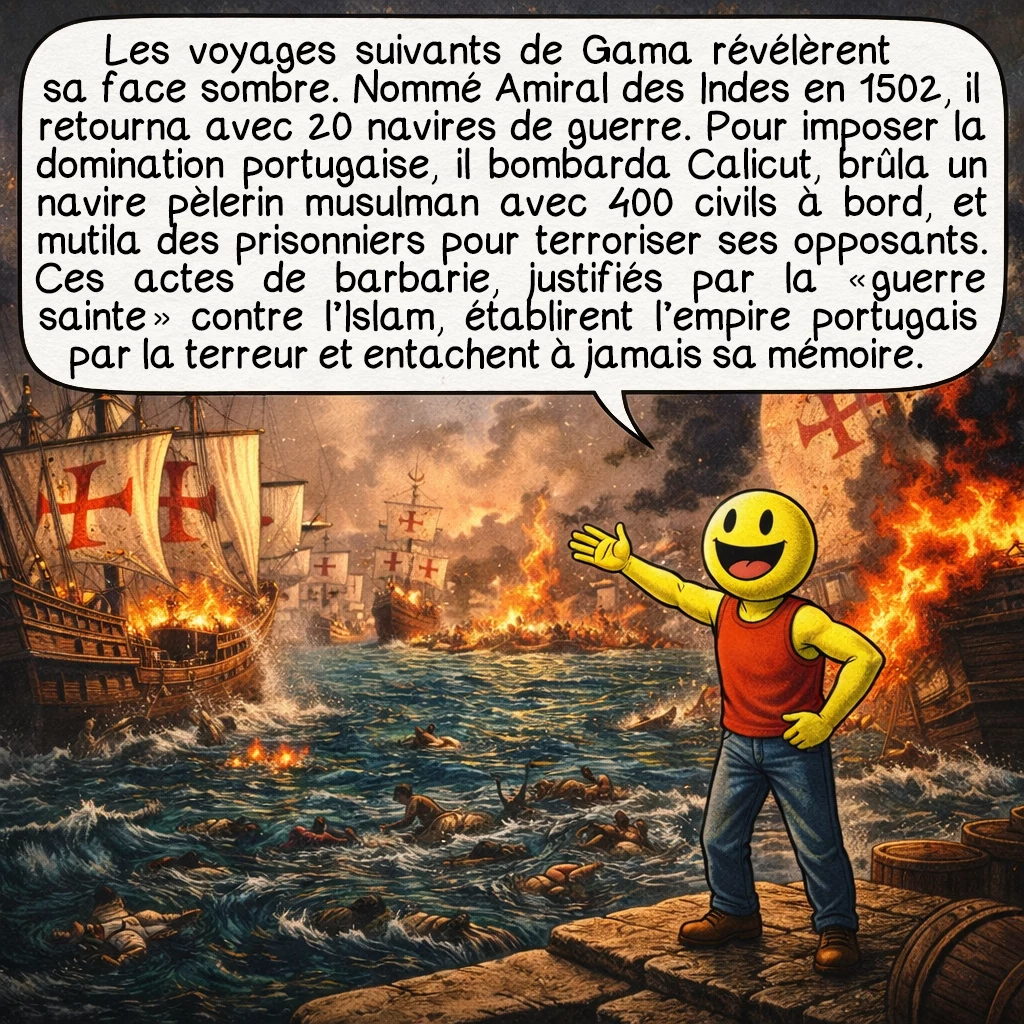 Vasco de Gama, case 8 : Les voyages suivants de Gama révélèrent sa face sombre. Nommé Amiral des Indes en 1502, il retourna avec 20 navires de guerre. Pour imposer la domination portugaise, il bombarda Calicut, brûla un navire pèlerin musulman avec 400 civils à bord, et mutila des prisonniers pour terroriser ses opposants. Ces actes de barbarie, justifiés par la « guerre sainte » contre l’Islam, établirent l’empire portugais par la terreur et entachent à jamais sa mémoire.