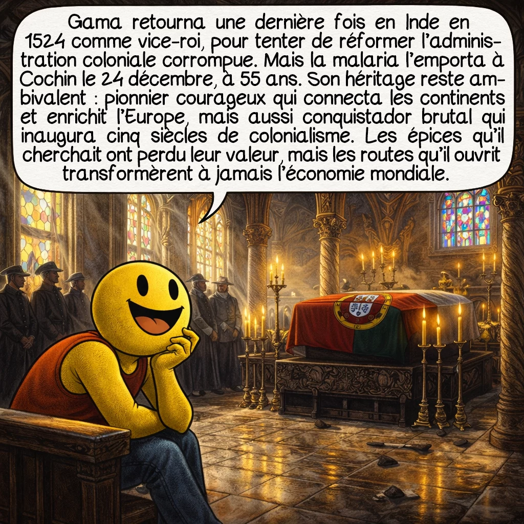 Vasco de Gama, case 9 : Gama retourna une dernière fois en Inde en 1524 comme vice-roi, pour tenter de réformer l’administration coloniale corrompue. Mais la malaria l’emporta à Cochin le 24 décembre, à 55 ans. Son héritage reste ambivalent : pionnier courageux qui connecta les continents et enrichit l’Europe, mais aussi conquistador brutal qui inaugura cinq siècles de colonialisme. Les épices qu’il cherchait ont perdu leur valeur, mais les routes qu’il ouvrit transformèrent à jamais l’économie mondiale.