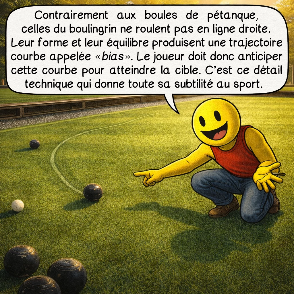 Le boulingrin, case 2 : Contrairement aux boules de pétanque, celles du boulingrin ne roulent pas en ligne droite.Leur forme et leur équilibre produisent une trajectoire courbe appelée « bias ». Le joueur doit donc anticiper cette courbe pour atteindre la cible. C’est ce détail technique qui donne toute sa subtilité au sport.