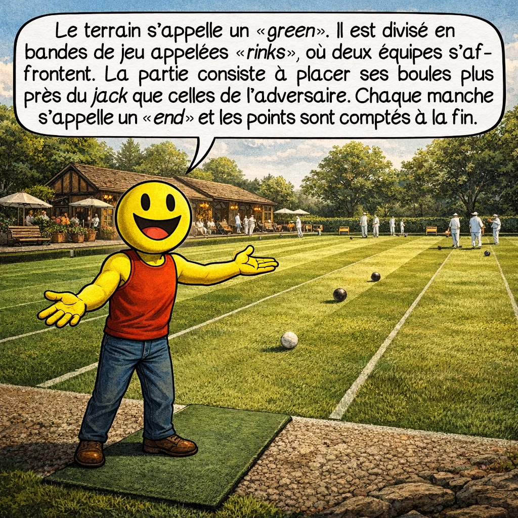 Le boulingrin, case 3 : Le terrain s’appelle un « green ». Il est divisé en bandes de jeu appelées « rinks », où deux équipes s’affrontent. La partie consiste à placer ses boules plus près du jack que celles de l’adversaire. Chaque manche s’appelle un « end » et les points sont comptés à la fin.