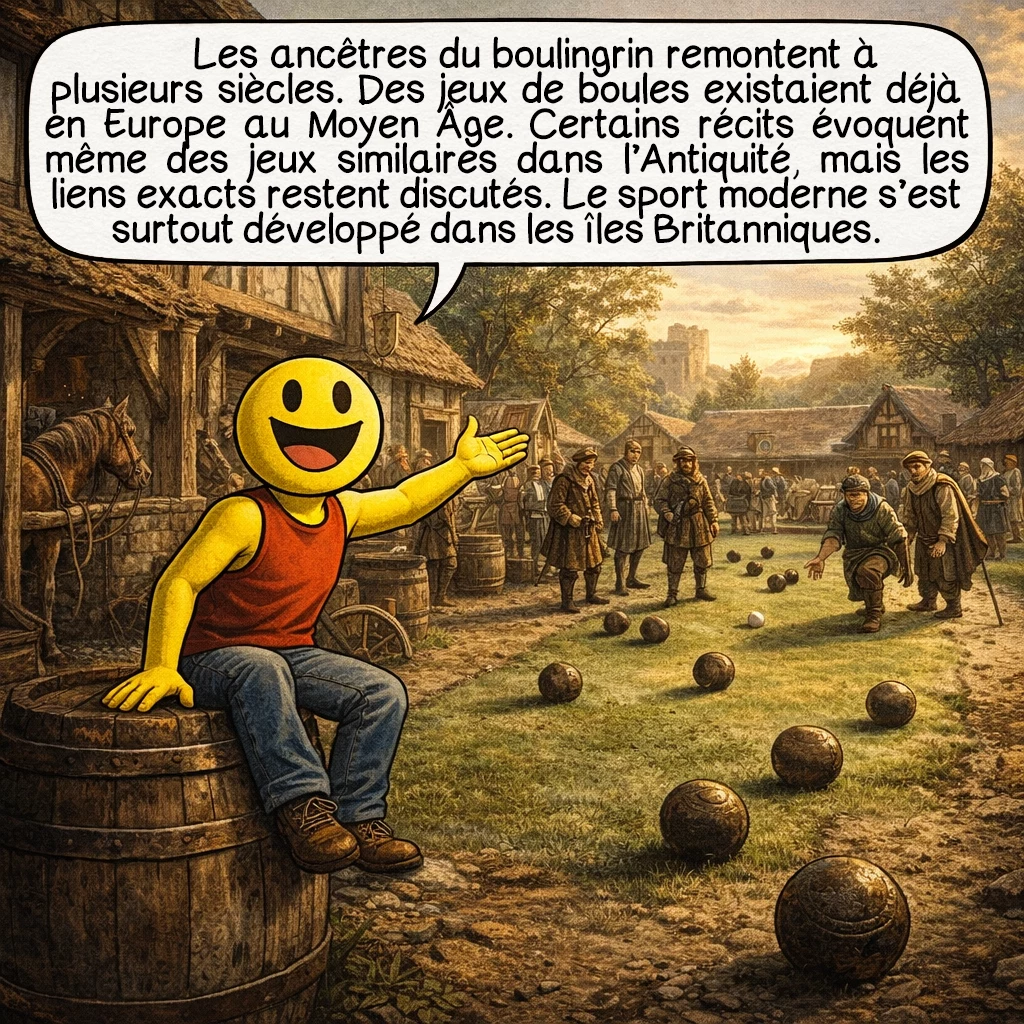 Le boulingrin, case 4 : Les ancêtres du boulingrin remontent à plusieurs siècles. Des jeux de boules existaient déjà en Europe au Moyen Âge. Certains récits évoquent même des jeux similaires dans l’Antiquité, mais les liens exacts restent discutés. Le sport moderne s’est surtout développé dans les îles Britanniques.