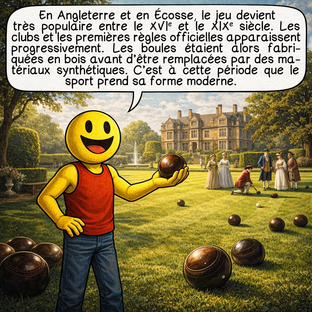 Le boulingrin, case 5 : En Angleterre et en Écosse, le jeu devient très populaire entre le XVIᵉ et le XIXᵉ siècle. Les clubs et les premières règles officielles apparaissent progressivement. Les boules étaient alors fabriquées en bois avant d’être remplacées par des matériaux synthétiques. C’est à cette période que le sport prend sa forme moderne.