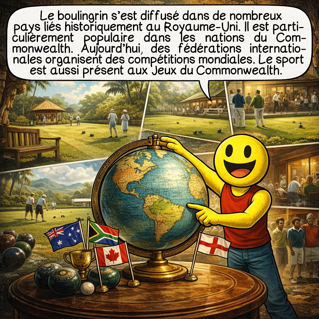 Le boulingrin, case 6 : Le boulingrin s’est diffusé dans de nombreux pays liés historiquement au Royaume-Uni. Il est particulièrement populaire dans les nations du Commonwealth. Aujourd’hui, des fédérations internationales organisent des compétitions mondiales. Le sport est aussi présent aux Jeux du Commonwealth.