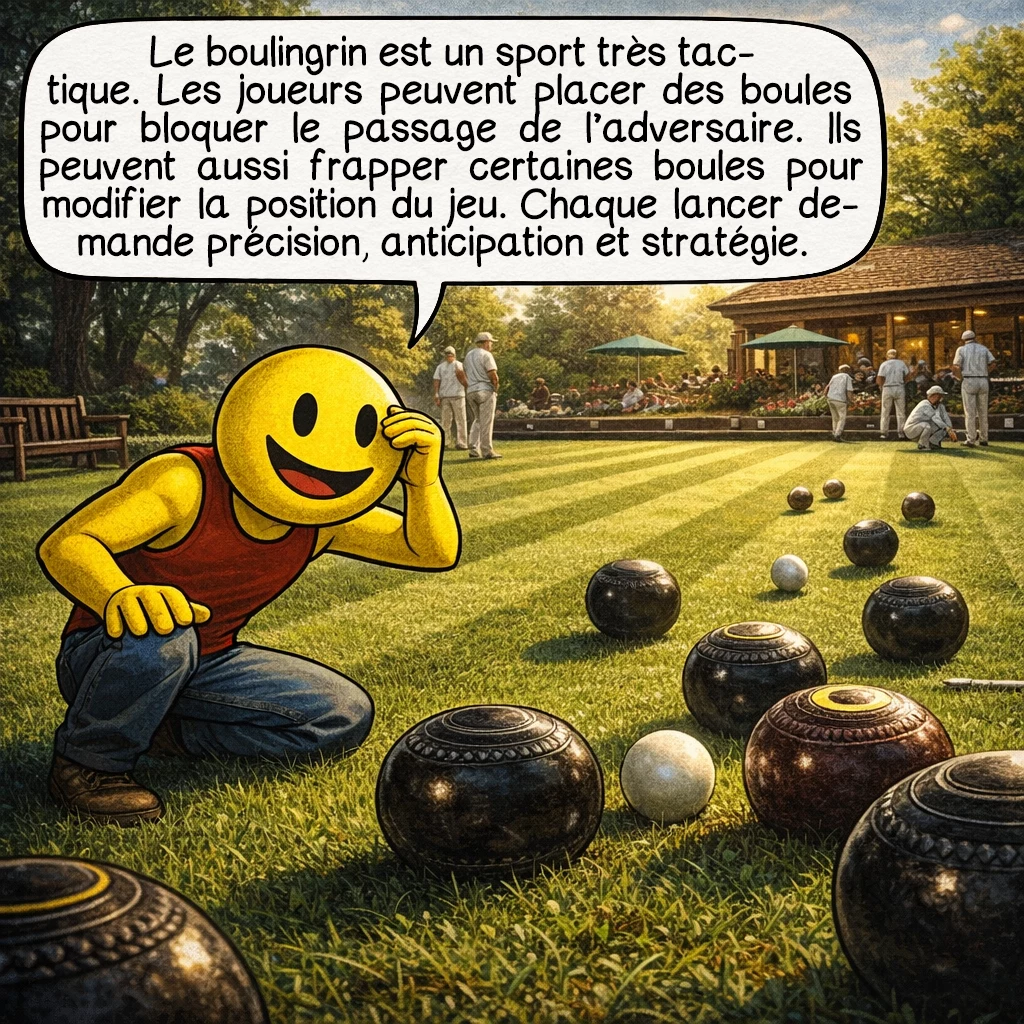 Le boulingrin, case 7 : Le boulingrin est un sport très tactique. Les joueurs peuvent placer des boules pour bloquer le passage de l’adversaire. Ils peuvent aussi frapper certaines boules pour modifier la position du jeu. Chaque lancer demande précision, anticipation et stratégie.
