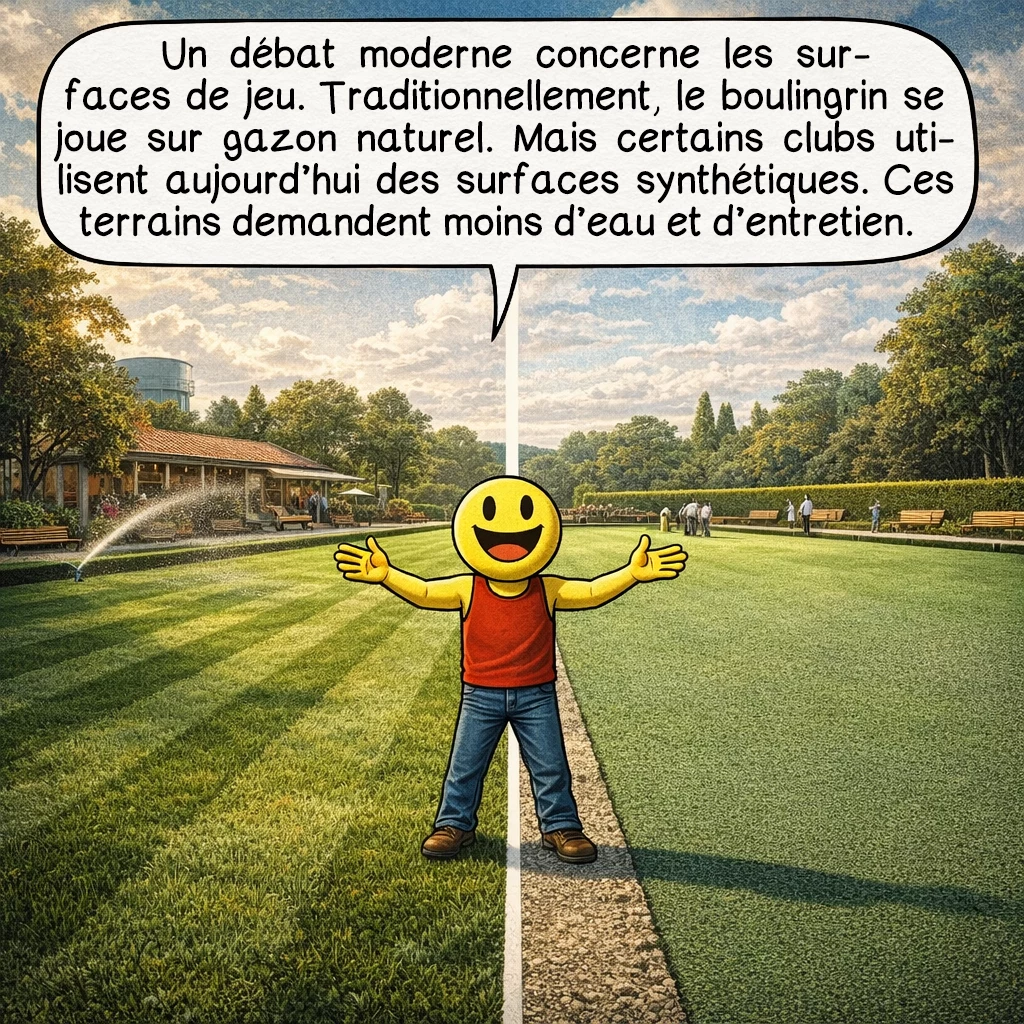 Le boulingrin, case 8 : Un débat moderne concerne les surfaces de jeu. Traditionnellement, le boulingrin se joue sur gazon naturel. Mais certains clubs utilisent aujourd’hui des surfaces synthétiques. Ces terrains demandent moins d’eau et d’entretien.