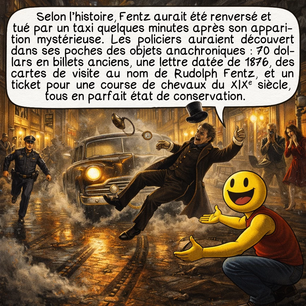 Rudolph Fentz, case 2 : Selon l’histoire, Fentz aurait été renversé et tué par un taxi quelques minutes après son apparition mystérieuse. Les policiers auraient découvert dans ses poches des objets anachroniques : 70 dollars en billets anciens, une lettre datée de 1876, des cartes de visite au nom de Rudolph Fentz, et un ticket pour une course de chevaux du XIXe siècle, tous en parfait état de conservation.