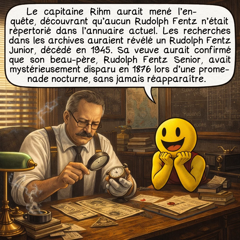 Rudolph Fentz, case 3 : Le capitaine Rihm aurait mené l’enquête, découvrant qu’aucun Rudolph Fentz n’était répertorié dans l’annuaire actuel. Les recherches dans les archives auraient révélé un Rudolph Fentz Junior, décédé en 1945. Sa veuve aurait confirmé que son beau-père, Rudolph Fentz Senior, avait mystérieusement disparu en 1876 lors d’une promenade nocturne, sans jamais réapparaître.