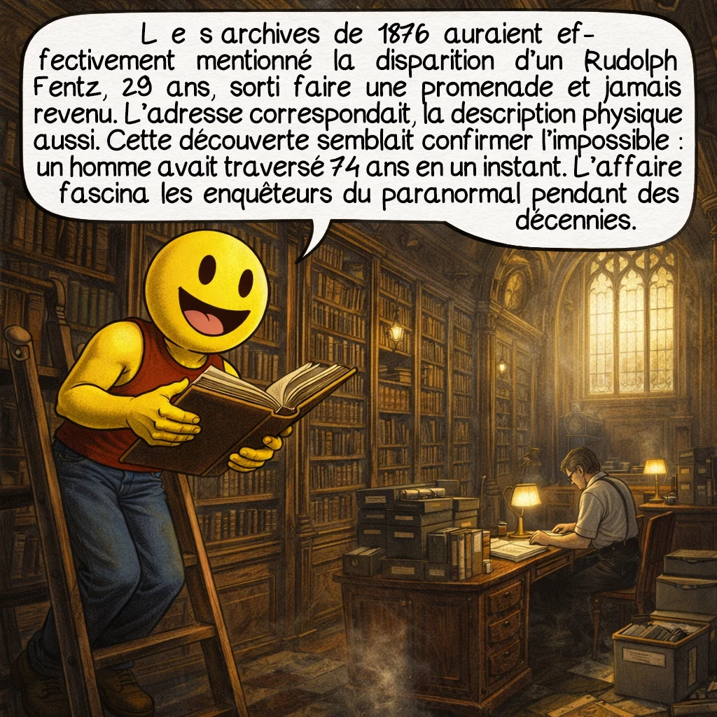 Rudolph Fentz, case 4 : Les archives de 1876 auraient effectivement mentionné la disparition d’un Rudolph Fentz, 29 ans, sorti faire une promenade et jamais revenu. L’adresse correspondait, la description physique aussi. Cette découverte semblait confirmer l’impossible : un homme avait traversé 74 ans en un instant. L’affaire fascina les enquêteurs du paranormal pendant des décennies.