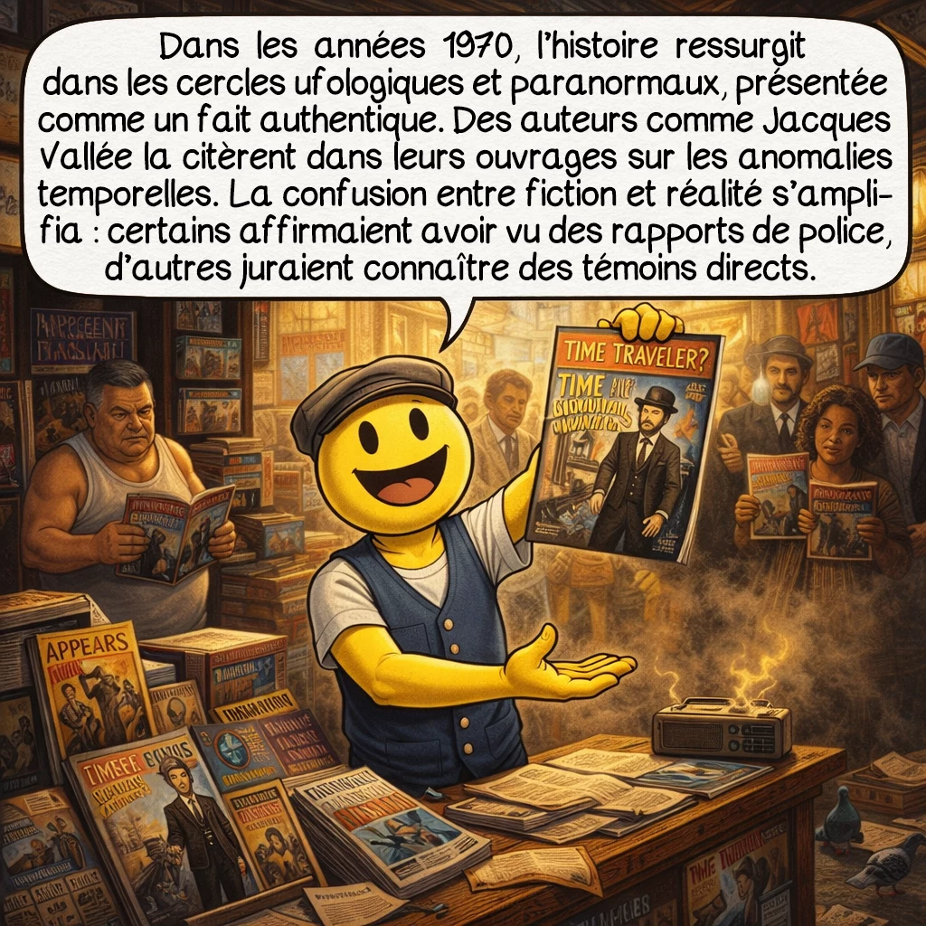 Rudolph Fentz, case 6 : Dans les années 1970, l’histoire ressurgit dans les cercles ufologiques et paranormaux, présentée comme un fait authentique. Des auteurs comme Jacques Vallée la citèrent dans leurs ouvrages sur les anomalies temporelles. La confusion entre fiction et réalité s’amplifia : certains affirmaient avoir vu des rapports de police, d’autres juraient connaître des témoins directs.