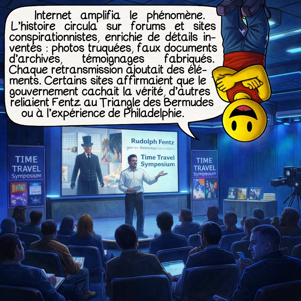 Rudolph Fentz, case 7 : Internet amplifia le phénomène. L’histoire circula sur forums et sites conspirationnistes, enrichie de détails inventés : photos truquées, faux documents d’archives, témoignages fabriqués. Chaque retransmission ajoutait des éléments. Certains sites affirmaient que le gouvernement cachait la vérité, d’autres reliaient Fentz au Triangle des Bermudes ou aux expériences de Philadelphie.
