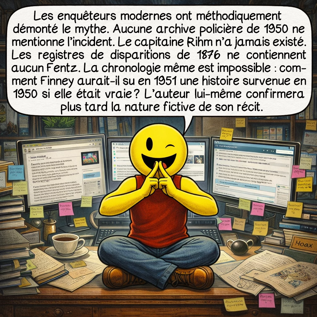 Rudolph Fentz, case 8 : Les enquêteurs modernes ont méthodiquement démonté le mythe. Aucune archive policière de 1950 ne mentionne l’incident. Le capitaine Rihm n’a jamais existé. Les registres de disparitions de 1876 ne contiennent aucun Fentz. La chronologie même est impossible : comment Finney aurait-il su en 1951 une histoire survenue en 1950 si elle était vraie ? L’auteur lui-même confirmera plus tard la nature fictive de son récit.