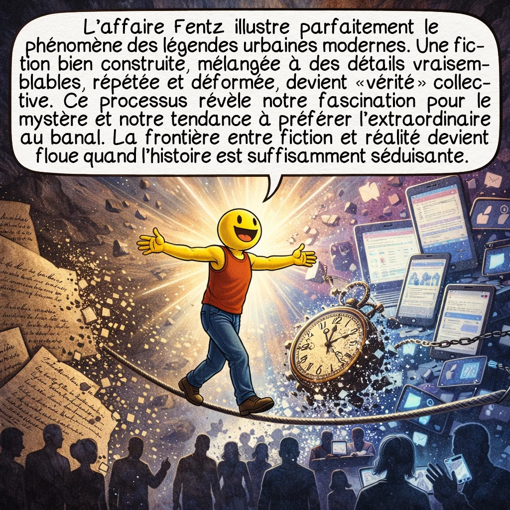 Rudolph Fentz, case 9 : L’affaire Fentz illustre parfaitement le phénomène des légendes urbaines modernes. Une fiction bien construite, mélangée à des détails vraisemblables, répétée et déformée, devient « vérité » collective. Ce processus révèle notre fascination pour le mystère et notre tendance à préférer l’extraordinaire au banal. La frontière entre fiction et réalité devient floue quand l’histoire est suffisamment séduisante.