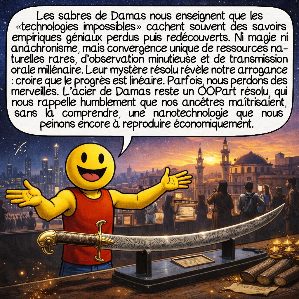 Les sabres de Damas, case 10 : Les sabres de Damas nous enseignent que les « technologies impossibles » cachent souvent des savoirs empiriques géniaux perdus puis redécouverts. Ni magie ni anachronisme, mais convergence unique de ressources naturelles rares, d’observation minutieuse et de transmission orale millénaire. Leur mystère résolu révèle notre arrogance : croire que le progrès est linéaire. Parfois, nous perdons des merveilles. L’acier de Damas reste un OOPart résolu, qui nous rappelle humblement que nos ancêtres maîtrisaient, sans la comprendre, une nanotechnologie que nous peinons encore à reproduire économiquement.