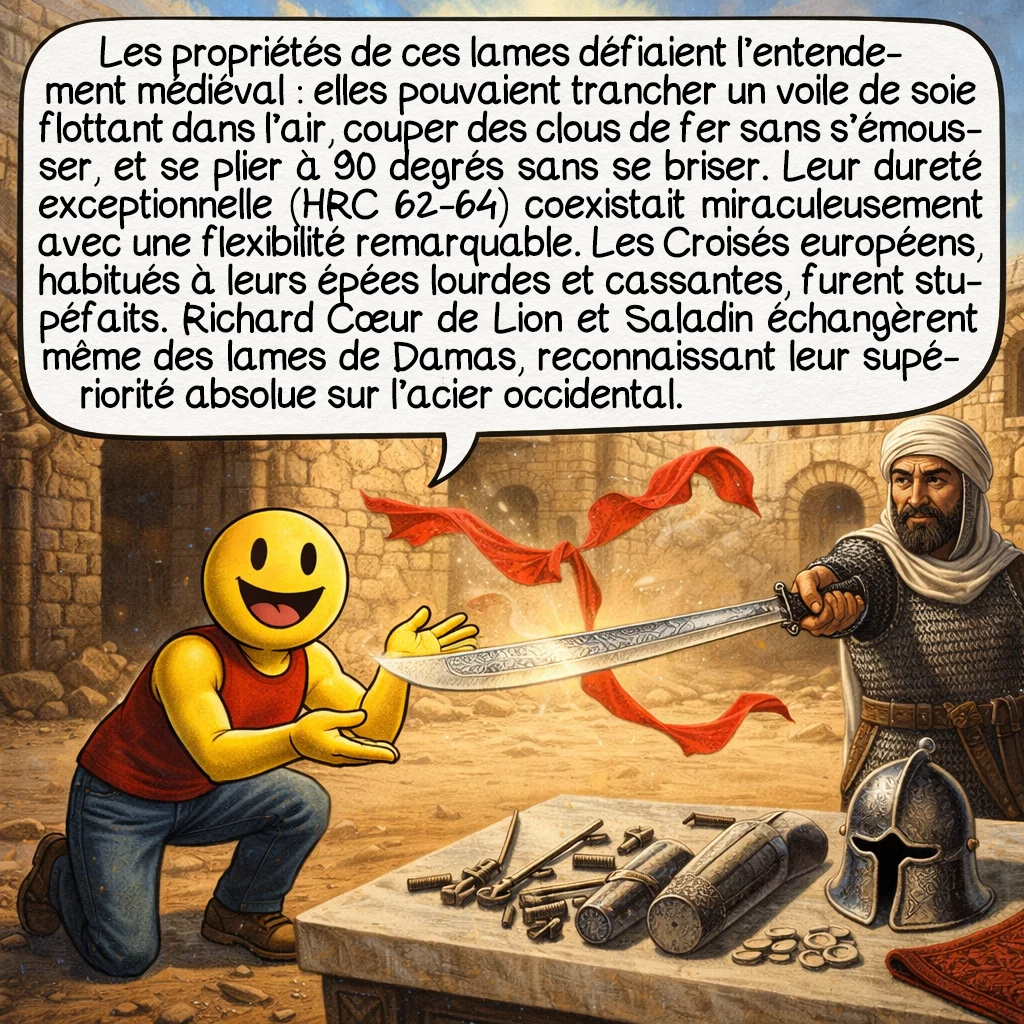 Les sabres de Damas, case 3 : Les propriétés de ces lames défiaient l’entendement médiéval : elles pouvaient trancher un voile de soie flottant dans l’air, couper des clous de fer sans s’émousser, et se plier à 90 degrés sans se briser. Leur dureté exceptionnelle (HRC 62-64) coexistait miraculeusement avec une flexibilité remarquable. Les Croisés européens, habitués à leurs épées lourdes et cassantes, furent stupéfaits. Richard Cœur de Lion et Saladin échangèrent même des lames de Damas, reconnaissant leur supériorité absolue sur l’acier occidental.