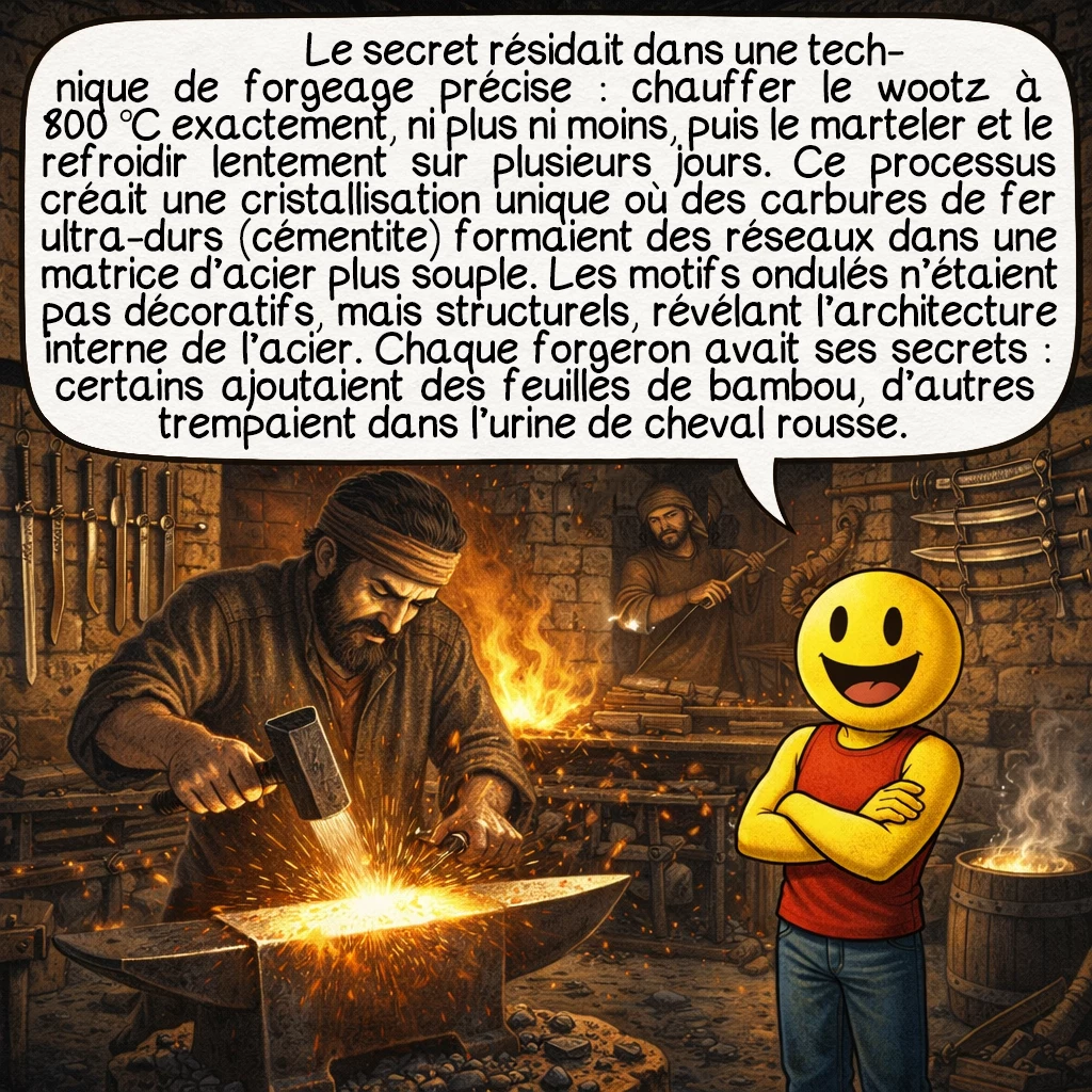 Les sabres de Damas, case 4 : Le secret résidait dans une technique de forgeage précise : chauffer le wootz à 800 °C exactement, ni plus ni moins, puis le marteler et le refroidir lentement sur plusieurs jours. Ce processus créait une cristallisation unique où des carbures de fer ultra-durs (cémentite) formaient des réseaux dans une matrice d’acier plus souple. Les motifs ondulés n’étaient pas décoratifs, mais structurels, révélant l’architecture interne de l’acier. Chaque forgeron avait ses secrets : certains ajoutaient des feuilles de bambou, d’autres trempaient dans l’urine de cheval rousse.