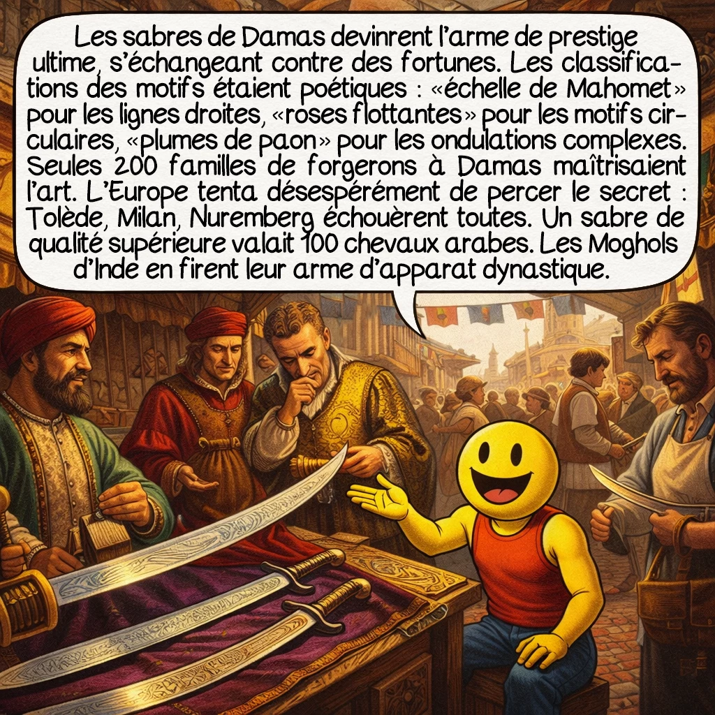 Les sabres de Damas, case 5 : Les sabres de Damas devinrent l’arme de prestige ultime, s’échangeant contre des fortunes. Les classifications des motifs étaient poétiques : « échelle de Mahomet » pour les lignes droites, « roses flottantes » pour les motifs circulaires, « plumes de paon » pour les ondulations complexes. Seules 200 familles de forgerons à Damas maîtrisaient l’art. L’Europe tenta désespérément de percer le secret : Tolède, Milan, Nuremberg échouèrent toutes. Un sabre de qualité supérieure valait 100 chevaux arabes. Les Moghols d’Inde en firent leur arme d’apparat dynastique.