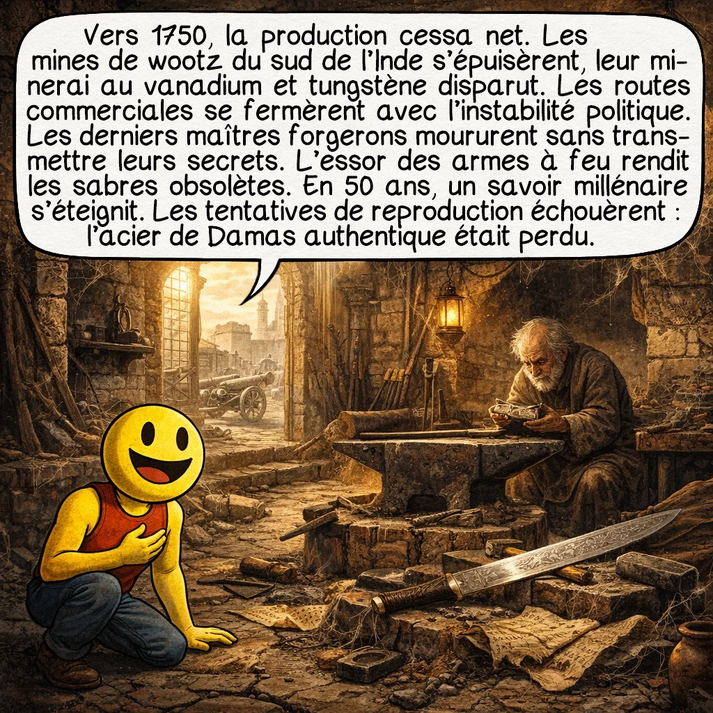 Les sabres de Damas, case 6 : Vers 1750, la production s’arrêta brutalement. Les mines de wootz du sud de l’Inde s’épuisèrent, leur minerai unique contenant des traces de vanadium et de tungstène disparut. Les routes commerciales se fermèrent avec l’instabilité politique. Les derniers maîtres forgerons moururent sans transmettre leurs secrets oraux. L’arrivée des armes à feu rendit les sabres obsolètes militairement. En seulement 50 ans, un savoir-faire millénaire s’évanouit complètement. Les tentatives désespérées de reproduction échouèrent toutes : l’acier de Damas authentique était perdu.