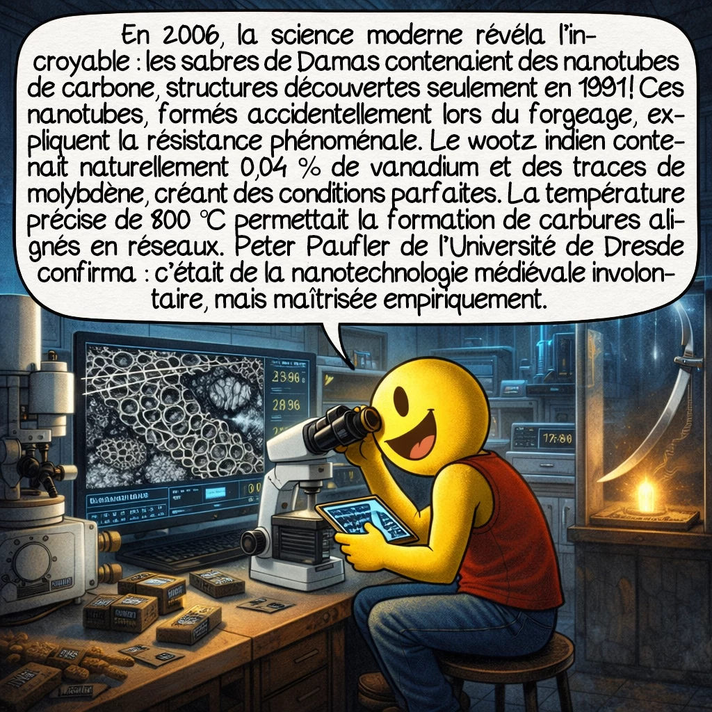 Les sabres de Damas, case 7 : En 2006, la science moderne révéla l’incroyable : les sabres de Damas contenaient des nanotubes de carbone, structures découvertes seulement en 1991 ! Ces nanotubes, formés accidentellement lors du forgeage, expliquent la résistance phénoménale. Le wootz indien contenait naturellement 0,04 % de vanadium et des traces de molybdène, créant des conditions parfaites. La température précise de 800 °C permettait la formation de carbures alignés en réseaux. Peter Paufler de l’Université de Dresde confirma : c’était de la nanotechnologie médiévale involontaire, mais maîtrisée empiriquement.