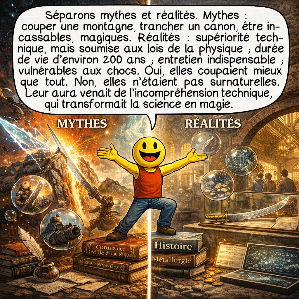Les sabres de Damas, case 8 : Séparons mythes et réalités. Mythes : couper une montagne, trancher un canon de fusil, être incassables, avoir des pouvoirs magiques. Réalités : supériorité technique indéniable, mais dans les limites de la physique, durée de vie de 200 ans maximum, nécessité d’entretien régulier, vulnérabilité aux chocs violents. Les légendes amplifiaient des faits réels : oui, elles coupaient mieux que tout, non, elles n’étaient pas surnaturelles. L’aura mystique venait de l’incompréhension technologique, transformant la science en magie dans l’imaginaire collectif médiéval.