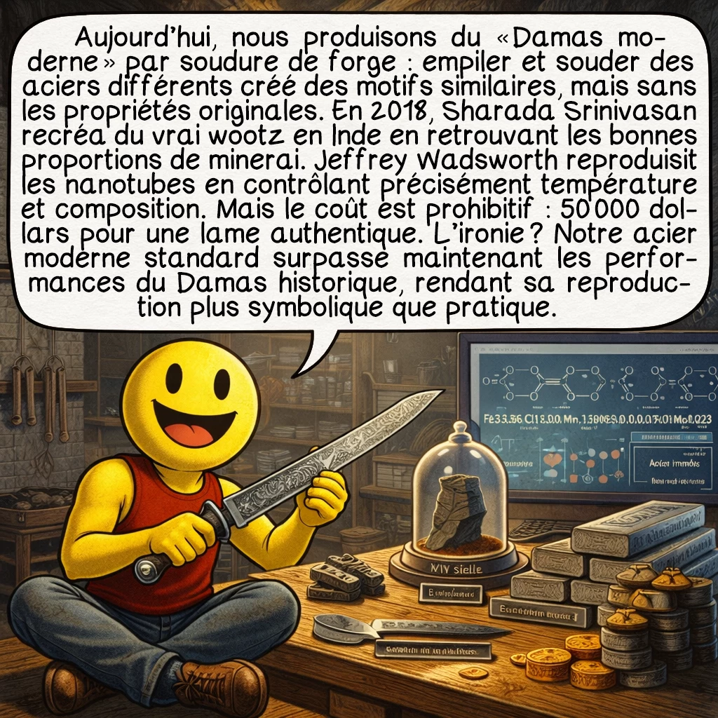 Les sabres de Damas, case 9 : Aujourd’hui, nous produisons du « Damas moderne » par soudure de forge : empiler et souder des aciers différents créé des motifs similaires, mais sans les propriétés originales. En 2018, Sharada Srinivasan recréa du vrai wootz en Inde en retrouvant les bonnes proportions de minerai. Jeffrey Wadsworth reproduisit les nanotubes en contrôlant précisément température et composition. Mais le coût est prohibitif : 50 000 dollars pour une lame authentique. L’ironie ? Notre acier moderne standard surpasse maintenant les performances du Damas historique, rendant sa reproduction plus symbolique que pratique.